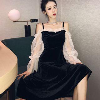 Cold-shoulder Mesh Panel Midi A-line Dress