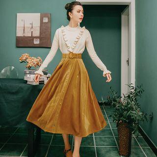 Set: Ruffle Trim Knit Top + Corduroy Midi A-line Skirt