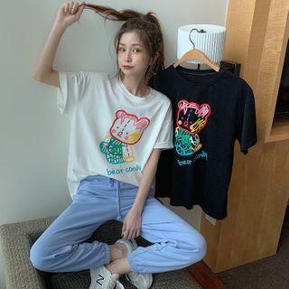 Short-sleeve Bear Print T-shirt / Harem Pants