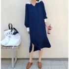 Color Block Long-sleeve Midi Dress Blue - One Size