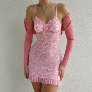 Spaghetti Strap V-neck Ruffled-trim Mesh Panel Lace Mini Dress