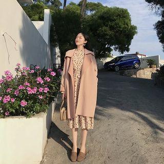 Plain Loose-fit Coat / Floral Long-sleeve Dress