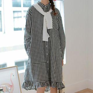Long-sleeve Checked Frill-trim Shirt Dress Check - Black & White - One Size