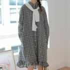 Long-sleeve Checked Frill-trim Shirt Dress Check - Black & White - One Size