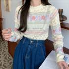 Long-sleeve Flower Embroidered Slim-fit Knit Top