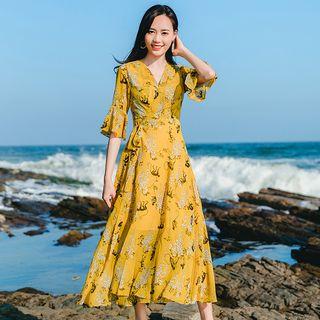 Printed Short-sleeve Tie-waist A-line Midi Sundress