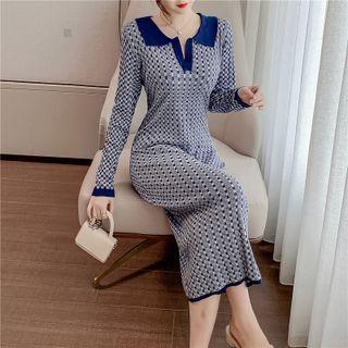 Long-sleeve Placket Pattern Knit Dress
