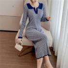 Long-sleeve Placket Pattern Knit Dress