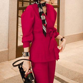 Set: Tie-waist Lantern-sleeve Blouse + Cropped Boot-cut Pants