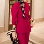 Set: Tie-waist Lantern-sleeve Blouse + Cropped Boot-cut Pants