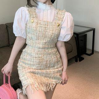Puff-sleeve Mock-neck Blouse / Tweed Camisole Top / Mini Skirt