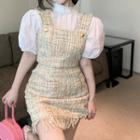 Puff-sleeve Mock-neck Blouse / Tweed Camisole Top / Mini Skirt