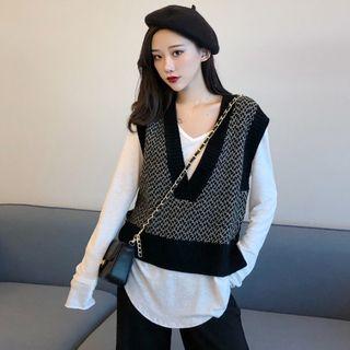 V-neck Long-sleeve T-shirt / V-neck Patterned Knit Vest