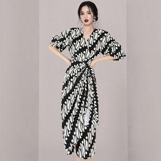 Elbow-sleeve Print Midi Sheath Dress