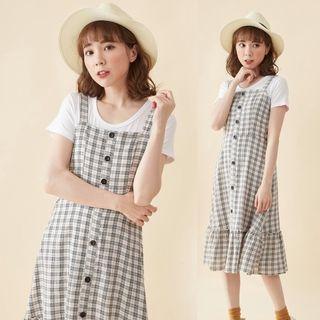 Set: Short-sleeve T-shirt + Plaid Strappy Midi A-line Dress Black - One Size