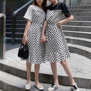 Mock Two-piece Elbow-sleeve Polka Dot A-line Dress