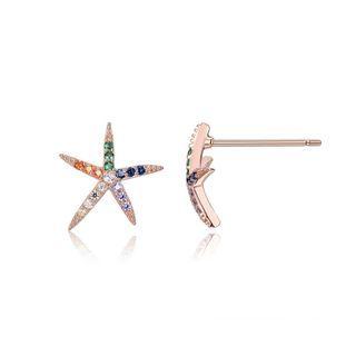 925 Sterling Silver Plated Rose Gold Simple Starfish Stud Earrings With Colorful Austrian Element Crystal Rose Gold - One Size