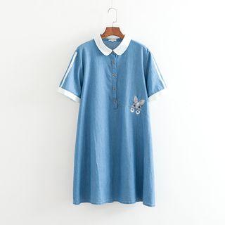 Short-sleeve Rabbit Embroidered Denim Shirtdress
