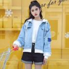 Applique Ripped Hooded Denim Jacket