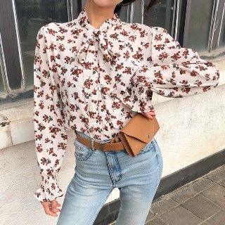 Long-sleeve Printed Tie-neck Blouse