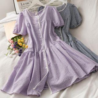 Lace-trim Checker Midi Shirtdress