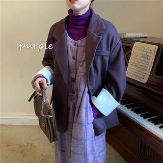 Single-button Blazer / Plaid Midi Pinafore Dress / Turtleneck Long-sleeve Top