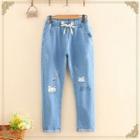 Cat Print Drawstring Roll-up Jeans