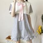 Short-sleeve Gingham Sailor Collar A-line Dress