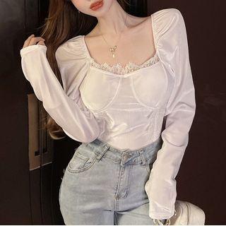 Long-sleeve Off-shoulder Lace Trim Top