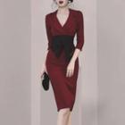 3/4-sleeve V-neck Tie-waist Sheath Dress