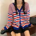 Striped Cardigan White & Blue & Red - One Size