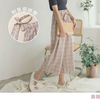 Tie-waist Plaid Wide-leg Cropped Pants