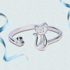 925 Sterling Silver Rhinestone Cat Open Ring Silver - One Size