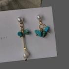 Asymmetrical Faux Pearl Drop Earring A-593 - 1 Pair - White & Gold & Aqua Green - One Size