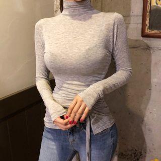 Turtleneck Long-sleeve Drawstring T-shirt