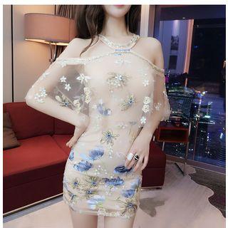 Flower Detail Cold Shoulder Mini Sheath Dress