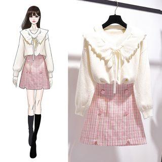 Collared Lantern-sleeve Knit Top / Plaid Mini A-line Skirt / Set