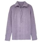Long-sleeve Plain Zip Knit Cardigan Purple - One Size