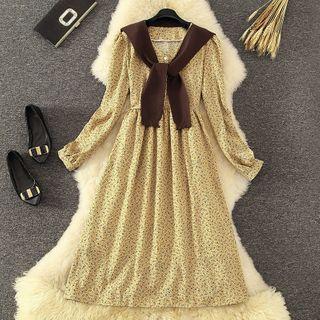 Set: Floral Long-sleeve Midi A-line Dress + Scarf
