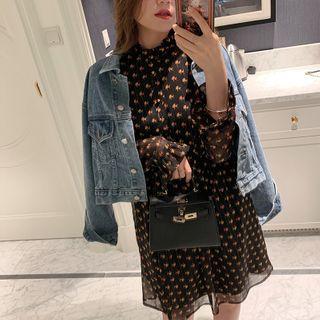 Long-sleeve Flower Print Sheer A-line Midi Dress