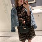 Long-sleeve Flower Print Sheer A-line Midi Dress