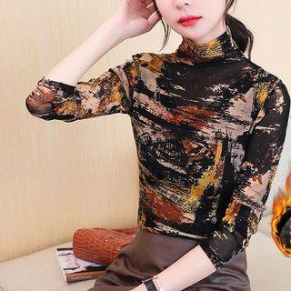 Printed Long-sleeve Mock Neck Top