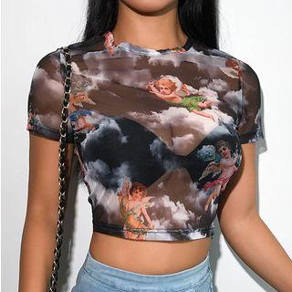 Short-sleeve Angel Print Cropped T-shirt