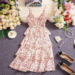 Heart Print Spaghetti Strap Layered Midi A-line Dress