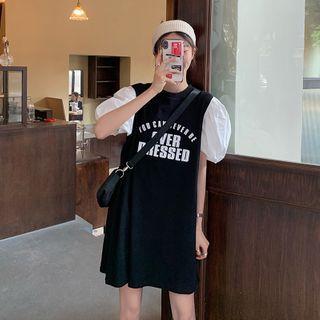 Puff-sleeve Letter Print A-line Mini Dress