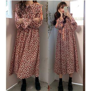 Long-sleeve Floral Print Frilled Collar Midi Dress
