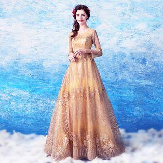 Long-sleeve Sequined Evening Gown