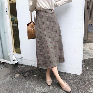 Plaid Long A-line Skirt Beige - One Size