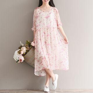 Set: Floral Print Elbow-sleeve Midi Chiffon Dress + Strappy Dress