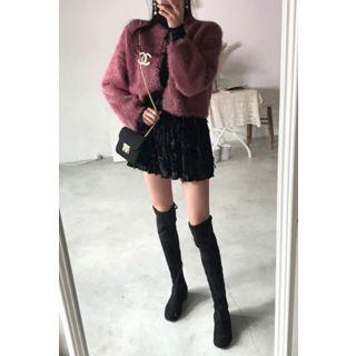 Fringed Flared Velvet Miniskirt